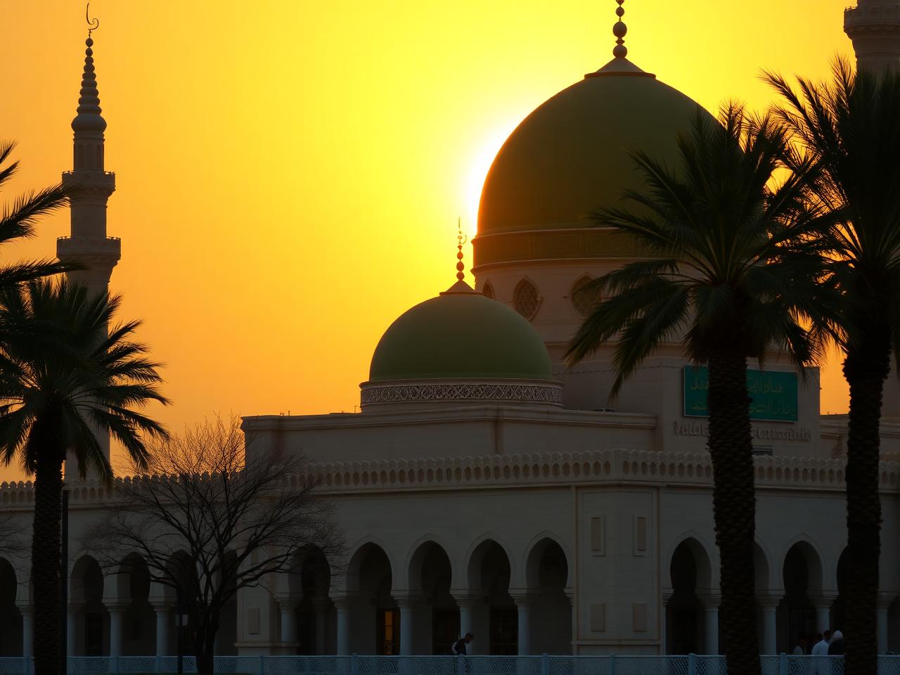 Kubah hijau dan menara Masjid Nabawi saat matahari terbenam