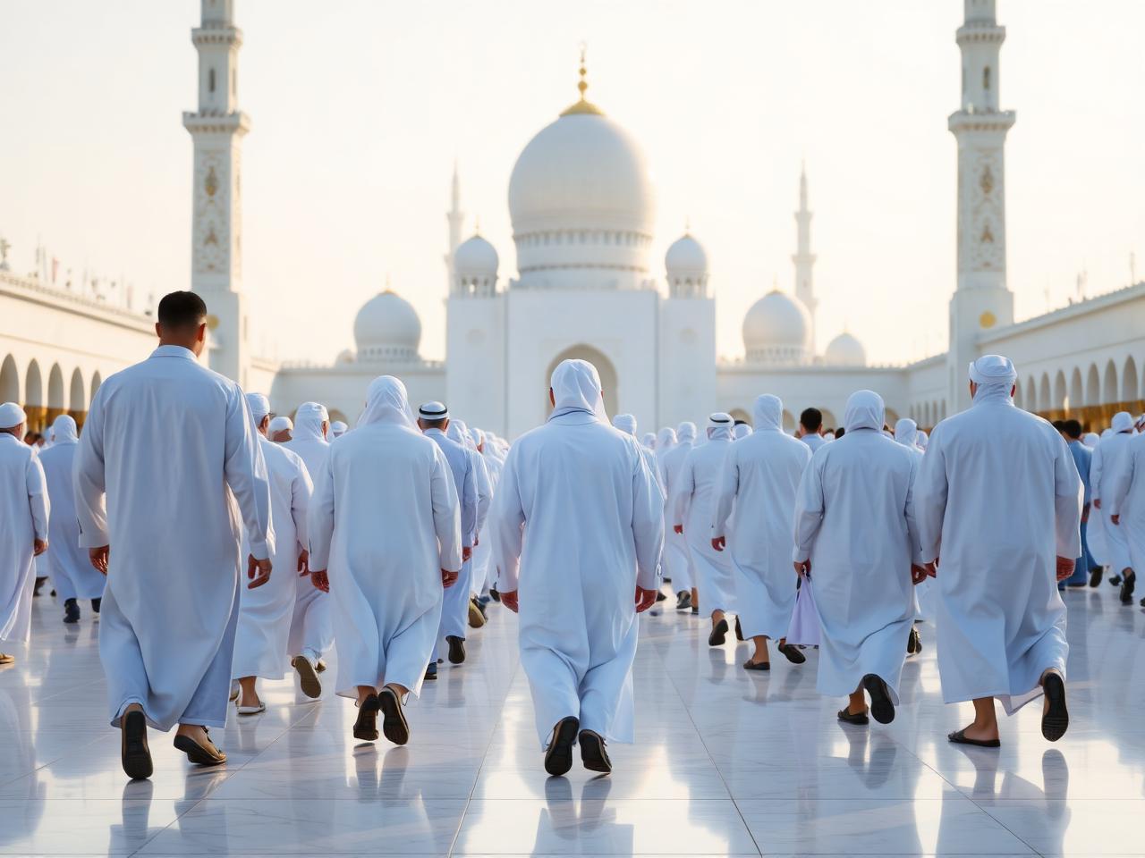 Jemaah berihram putih berjalan menuju pelataran masjid